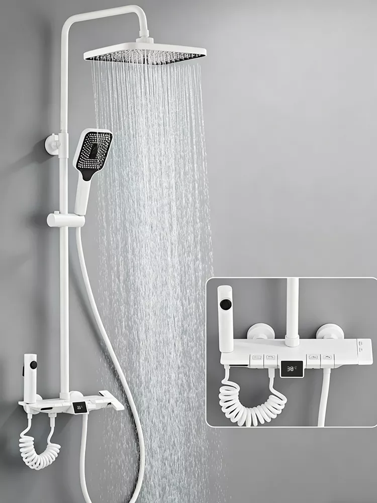 White thermostatic digital display shower set with spray gun